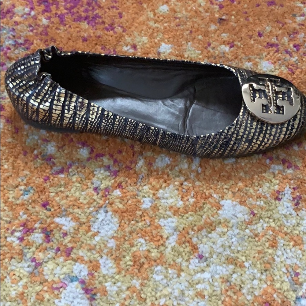 Tory Burch Black and Gold Snake Print Reva Flats - Picture 3 of 8